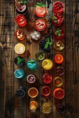 Various beverages displayed on rustic wooden table. Ideal for food and beverage concepts.