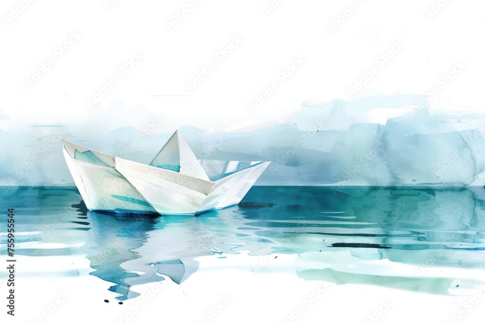 Poster simple paper boat floating on calm water, suitable for various projects.