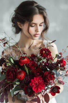 A delicate portrait of a woman holding a lush bouquet of deep red flowers