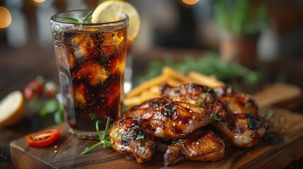 A detailed shot showcasing a plate of grilled chicken accompanied by a refreshing beverage.