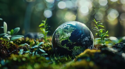 Obraz na płótnie Canvas Glass globe on vibrant green grass, suitable for environmental concepts.