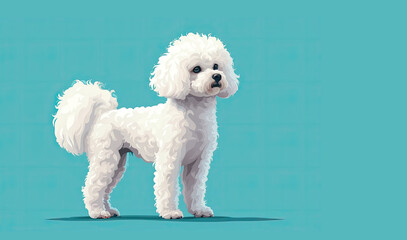 Cute white poodle puppy in the style of realistic animal portraits, simplified dog figures, vector illustration on blue background.