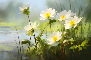 White anemone flowers on the water surface. Spring background.
