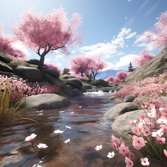 A beautiful stream with cherry blossoms in full bloom