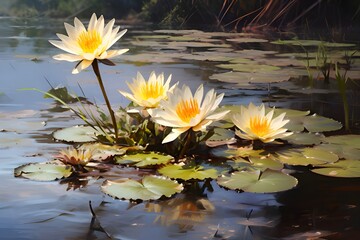 Beautiful water lily blooming on blurred background pond