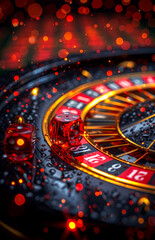 Creative casino background roulette gaming dice cards roulette wheel. The combination of colors and lights