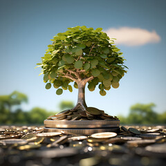  Coins forming an upper tree to illustrate the concept of growing business and money growth.