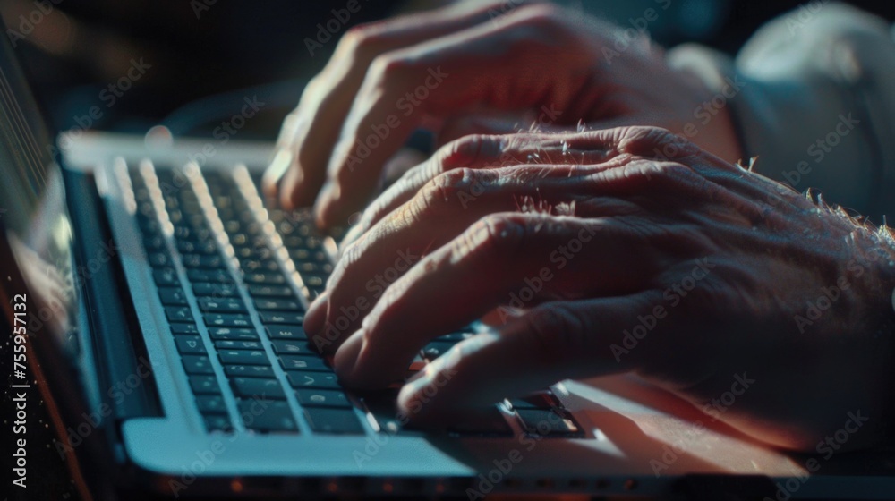 Poster close up of a person typing on a laptop, suitable for technology concepts.
