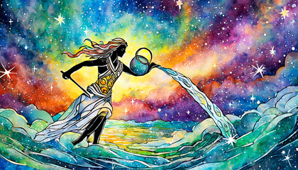 abstract background aquarius zodiac water bearer throwing water from a jug