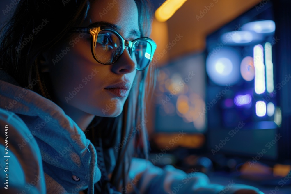 Poster a woman wearing glasses using a computer. suitable for technology concepts.