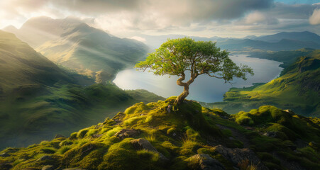 Lone tree on the edge of hill with loch in the background