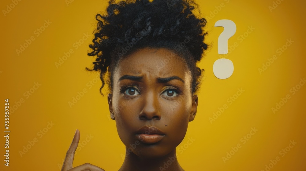 Poster a woman looking puzzled with a question mark above her head. suitable for illustrating confusion or 