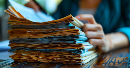 Woman is sorting through stack of bills - obrazy, fototapety, plakaty