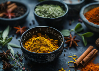 Spices and herbs on dark background