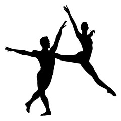 Silhouette of a ballet couple.Ballet banner.Ballerina silhouette isolated on white background.   Realistic dancer in pointe shoes and tutu. Vector icon. © SVIATLANA