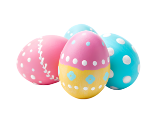 Brightly colored Easter eggs with polka dots and whimsical designs on transparent background. Pastel pink, blue, and yellow Easter eggs with playful patterns and dots, isolated, no background
