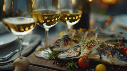 Fresh fish and glasses of wine on a rustic wooden board. Perfect for seafood restaurant menus.