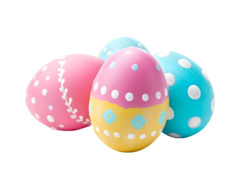 Brightly colored Easter eggs with polka dots and whimsical designs on transparent background. Pastel pink, blue, and yellow Easter eggs with playful patterns and dots, isolated, no background