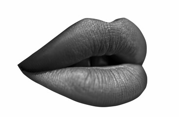 Open mouth close-up. Art lips, sexy plump lip. Isolated on white.