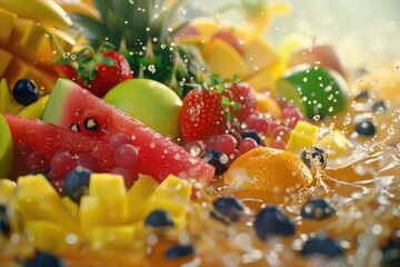 Close-up of a bowl of fresh fruit with water splashing on it. Great for healthy lifestyle and food concepts.