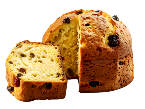 Sliced traditional Easter bread, enriched with dried fruits, isolated on transparent background. Easter cake with candied fruits and raisins. Cross section of a fruity Easter loaf. Panettone, isolated