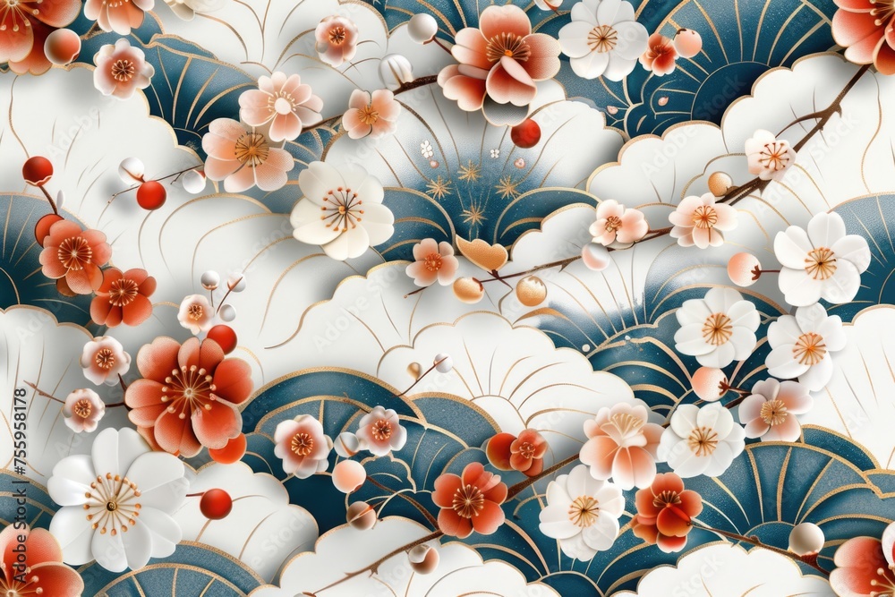 Poster a beautiful floral pattern on a blue and white background. perfect for various design projects.