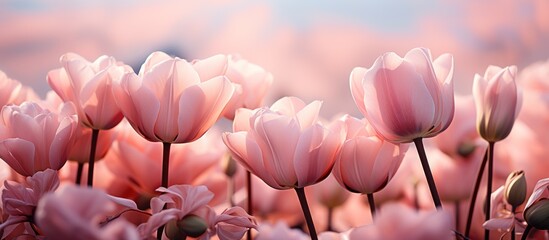 Fototapeta premium pink tulips bloom against a pastel sky