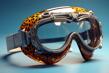 The image showcases detailed and stylized pilot goggles with a clear lens and unique leopard print design on the frame