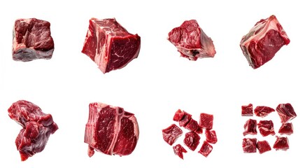 Assorted meat pieces on a clean white surface, ideal for food concepts.
