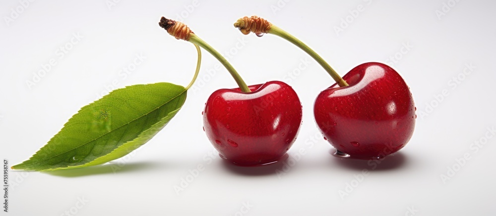 Wall mural Two cherry fruits and a green leaf are displayed against a crisp white background. This composition celebrates the beauty of natural foods and the artistry found in plant produce