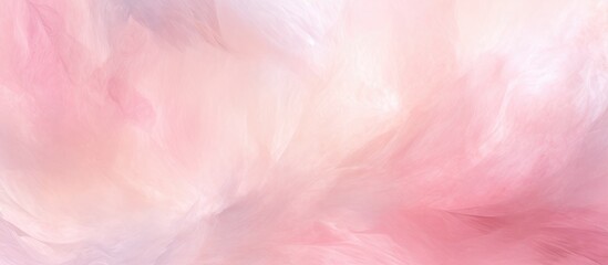 A soft pink and white blurred background with a feather texture resembling fluffy cumulus clouds in shades of peach, magenta, and violet - obrazy, fototapety, plakaty