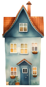 Watercolor illustration of a cute cartoon house. Transparent background, png