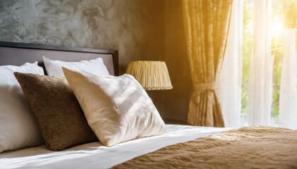 light soft pillow on beautiful bed cozy bedroom with sun light from window interior concept