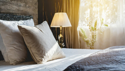 light soft pillow on beautiful bed cozy bedroom with sun light from window interior concept