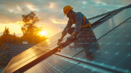 Construction worker connects photo voltaic panel to solar system using screwdriver. Alternative cheap sun energy production and profitable financial investment concept. Generative ai - obrazy, fototapety, plakaty