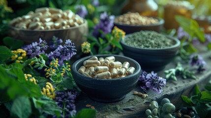Alternative naturopathy, homeopathy, herbal medicine concept. Herbs, flowers and capsules on natural stone background. Natural health and wellness concept. Generative ai