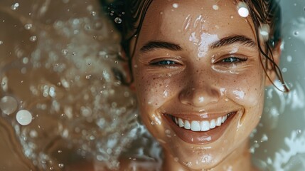 A woman smiling in the shower with water flowing over her head. Suitable for health and beauty concepts.