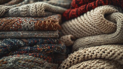 Fototapeta premium A pile of sweaters stacked on top of each other. Suitable for fashion or winter clothing concepts.