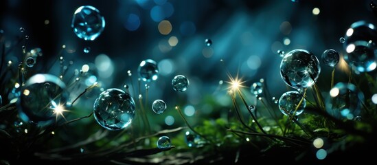 beautiful festive colorful bubbles and circles fly and shimmer over the green grass
