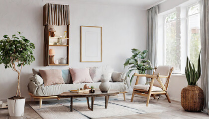 Frame mockup,  Living room poster mockup. Interior mockup with house white background. Modern interior design. 3D render