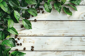 Flat lay of coffee beans with green leaves and copyspace for text on white wooden table