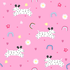 Cute seamless pattern with dalmatian and flowers. Vector hand drawn illustration.