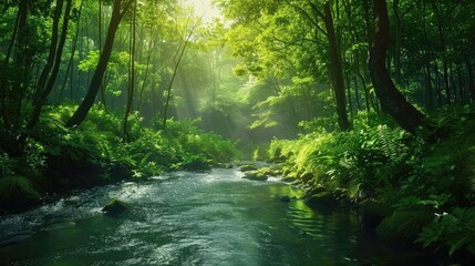 A peaceful stream flowing through a vibrant green forest. Perfect for nature-themed designs.