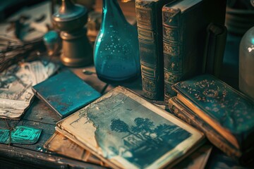 Old books and a blue vase on a table, suitable for educational or literary themes. - obrazy, fototapety, plakaty