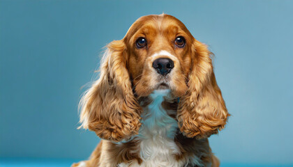 Looking so sweet and full of hope. English cocker spaniel young dog is posing. Cute playful braun doggy or pet is sitting isolated on blue background. Concept of motion, action, movement. - obrazy, fototapety, plakaty