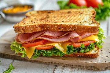 Toast sandwich with cheese, turkey ham, tomato and fresh lettuce on wooden background