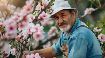 Smiling senior man admiring blossom in springtime. casual outdoor portrait, engaging with nature. capturing joy and serenity. snapshot of everyday life. AI