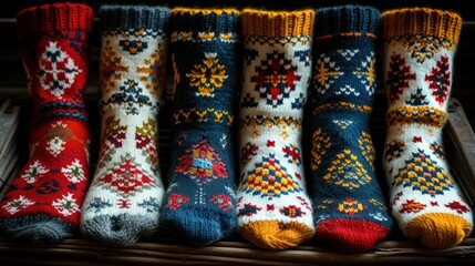 a group of knitted socks sitting on top of a wooden shelf in front of a wooden window sill.