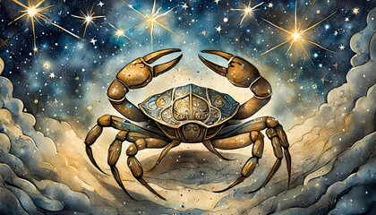 zodiac cancer crab on a background of an old paper texture with the stars; astrology