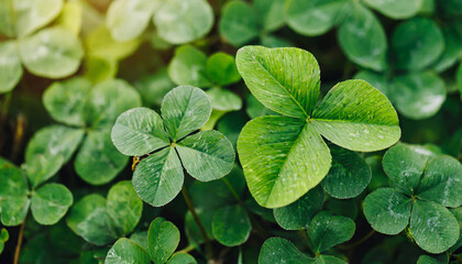 Fototapeta na wymiar Lucky Irish Four Leaf Clover in the Field for St. Patricks Day background with copy space.